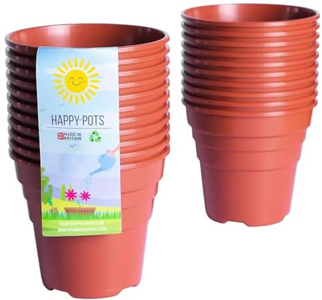 Happy Pots - 10cm Gloss Terracotta - Pack of 20 Premium Plastic Plant Pots - Reusable Flower Pots for Indoor/Outdoor Home Décor Gardening - Round, Heavy Duty, UV Resistant, Recyclable - Made in UK