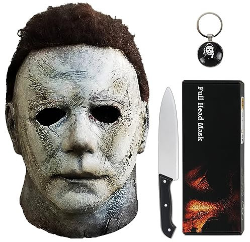 Noufun Michael Myers Maske für Erwachsene - Halloween 2018, Vollkopfmaske Halloween Horror Gesicht Kopfbedeckung Latex Gummi mit Haaren, Inklusive Messer und Schlüsselanhänger (2018)