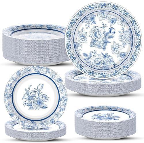 48PCS Floral Blue White Party Supplies Set Paper Disposable Plates Blue Flower Paper Plates Dessert Plates Tableware Set Party Dinnerware Birthday Party Baby Shower Wedding Decorations 24 Guests