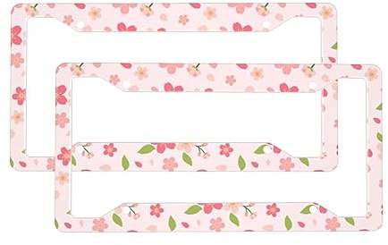 Rosa Blumen Kennzeichenrahmen 2 Stück Set Nummernschildhalter mit 4 Löchern Aluminium Auto Nummernschild Rahmen Autos Dekor Zubehör Passend für Standard US-Fahrzeuge Größe 31,2 x 15,2 cm