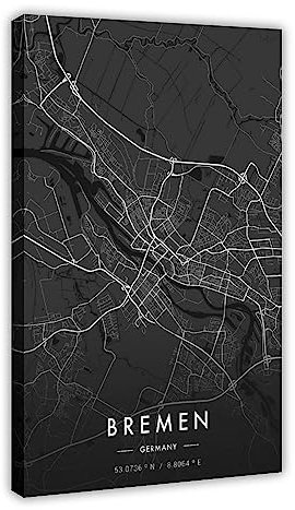 Bremen Stadtkarte Dunkles Poster Leinwand Poster Wandkunst Dekor Druck Bild Gemälde für Wohnzimmer Schlafzimmer Dekoration Rahmen: 30 x 45 cm