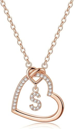 LIHELEI Damen Halskette Herz Buchstabe S925 Roségold Kette Damen Personalisiere Kette, Geburtstags und Weihnachten Geschenk Für Frauen Mädchen Mama Freundin - S(Roségold)