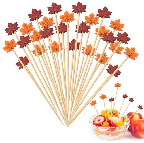 SRIZIAN 100 Piezas Palillos para Cócteles con Acción de Gracias Hoja de Arce 4.7inch Palillos de Cóctel de Bambú para Comida Fruta Snack Aperitivos Otoño Fiesta Decoración