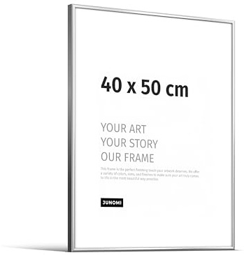 JUNOMI® Bilderrahmen 40x50 cm, Aluminium Silber glänzend, Posterrahmen | Moderner schmaler Rahmen aus Aluminium mit bruchsicherem Acrylglas, Hoch- und Querformat, für Fotos, Poster und Kunstdrucke