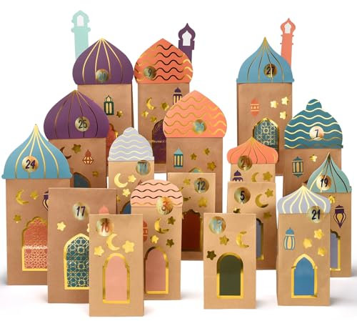 KOHMUI Ramadankalender zum Befüllen, 30 Kraftpapiertüten DIY Ramadan Kalender Bastelset, Eid Mubarak Muslimische Dekoration Geschenktüten zum Selbst Füllen, Islamische Tüten Deko