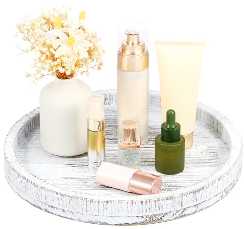 Round Wood Decorative Tray, Wood Serving Table Platter, Vintage 30cm Round Dessert Plate,Multipurpose Candle Holder Tray for Table Centerpiece Bathroom Home Decor(White)