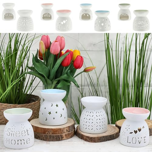 Duftlampe 4er Set │ Keramik 9x9,5cmweiß blau rosa grün │Aromalampe mit Ausstanzung Schrift Muster