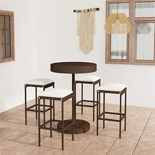 Tidyard 5-TLG.Gartenbar-Set Garten Bar Set Sitzgruppe Rattan Bar Tresen Theke Tisch Barset Garten Tisch Outdoor Gartenmöbel Set mit Kissen Poly Rattan Braun-368