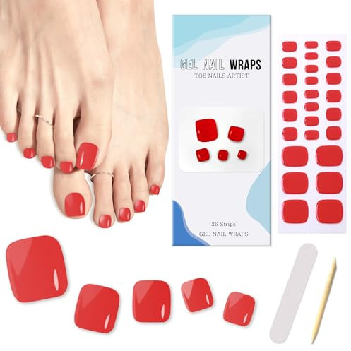 Ceboic 26 Pezzi Smalto Adesivo per Unghie Piedi Tinta Unita, Rosso Gel Adesivi Semi Indurito, Full Cover Toe Nail Art Sticker Decalcomanie Autoadesive per Decorazioni Nail Art