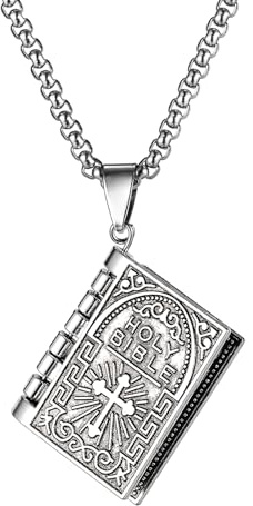 JewelryWe Bibel Buch Halskette Herren: Vintage Öffnende Bibelbuch Glaube Kreuz Anhänger Kette Christliche Religiöse Bibelvers Gebet Zitate Halskette Amulett Schmuck für Männer Frauen Alter Mann