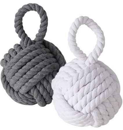Lot de 2 butoirs de porte en toile de jute - 14 cm - Gris et blanc - Boudin de porte en tricot au design maritime - Noeud de corde - Frein de porte - Butoir de fenêtre - Protection anti-pincement pour