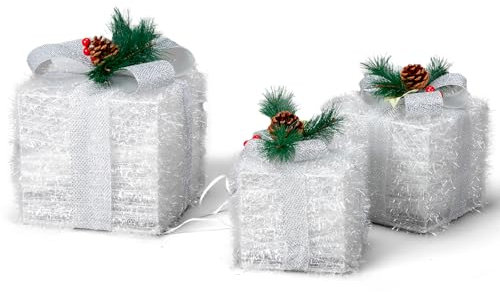 GIVOKE Set of 3 Light Up Present Boxes, Christmas Parcels Lights Decorations, Under Christmas Tree Decorations Indoor