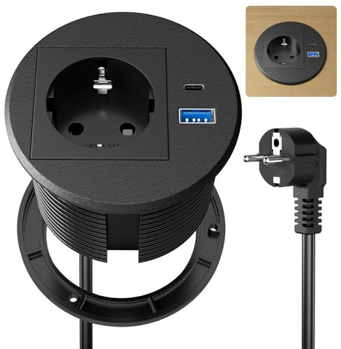 Einbausteckdose mit USB C PD20W, Versenkbare Steckdose mit USB, Einbau Steckdosenleiste für Schreibtisch Arbeitsplatte, 2M Kabel, Schwarz
