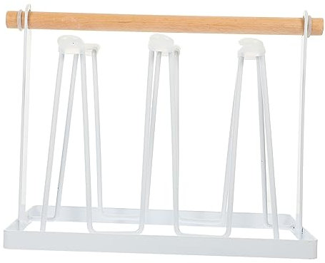 MAGICLULU Delicate White Iron Kitchen Cup Stand with Drainage and Wooden Handle, Household Mug Holder Rack for Home and Coffee Mug Storage