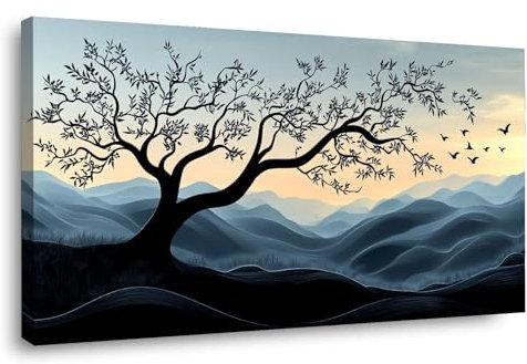 BOHUO Grigio,nero Quadro Albero della vita Stampa su Tela XXL, Astratto minimalista Quadri Murale Moderno Grafica Decorazioni da Parete Pittura Decori-50x100cm Incorniciato