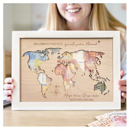 Grandora Geldgeschenk Weltkarte aus Holz - Bilderrahmen 30x21 cm - liebevolle Gravur einzigartiges Geschenk für jeden Anlass Geburtstag Weihnachten XHG1007-02
