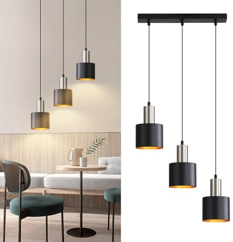 Lichtmaler Pendelleuchte Esstisch E27 Hängelampe Vintage - Küchenlampe Hängend 3 Flammig Esszimmerlampe Schwarz Gold Hängeleuchte Kücheninsel Höhenverstellbar Industrielampe Ohne Leuchtmittel