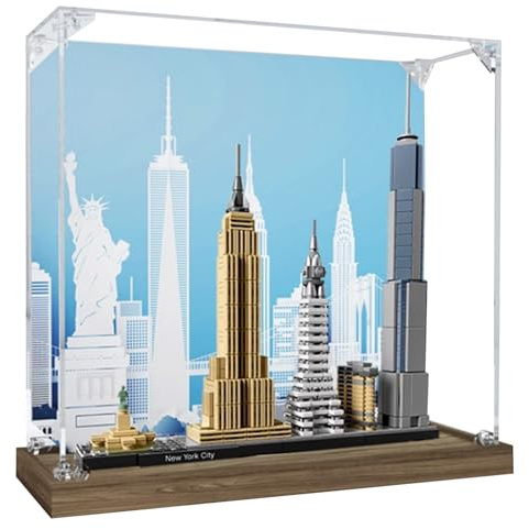 Acryl-Vitrine für Lego 21028 New York Bauset, klare Vitrine, staubdichte Vitrine, kompatibel mit Lego 21028 (nur Vitrine) (Holzsockel)