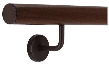 TIBU Pasamanos de aluminio nogal decoración de madera 30-600 cm pasamanos de pared escalera soporte de acero inoxidable en ángulo, longitud 200 cm con 3 soportes y tapa recta