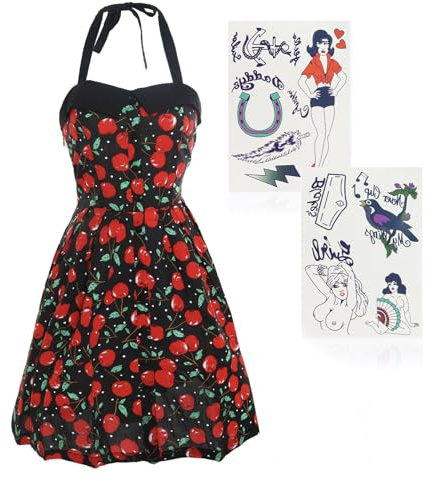 Damen 00er Jahre Sänger-Kostüm - Large/X-Large - Rot & Schwarz Rockabilly Kleid und Tattoo Set - Erwachsene Noughties Musik Fasching Kostüm Zubehör Set
