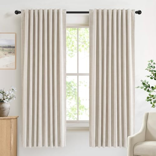 DEFYNEE 100% Blackout Curtains 2 Panels, 50 W x 72 L, Cream | Faux Linen, Blackout Coated Back, Thermal, Reduces Noise, Privacy Protection, Back Tab & Pole Pocket, Bedroom & Living Room