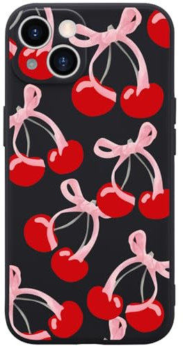Wihytec Pink Bow &Cherry Flower Phone Case Cover for iPhone 15 Bow &Cherry Case Cover Liquid Silicone Soft Gel Rubber Matt Phone Cover with Microfiber Lining