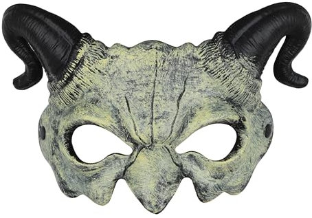IPENNY Dämon Teufel Maske für Erwachsen Horror Halbgesicht Gruselig Weiß Widder Horn Dämon Halbgesichtsmaske für Cosplay Kostüm Widderhörnern Halloween Party Kostümzubehör