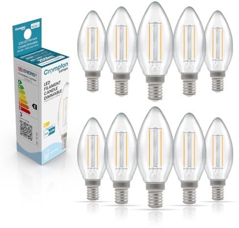 Crompton Lamps Filament Candle LED Light Bulb SES-E14 | 2.2W = 25W Equivalent | Warm White 2700K | Energy Efficient | Small Screw Lightbulb | Long Life 15000-Hrs | Clear Glass | Dimmable | 10-Pack
