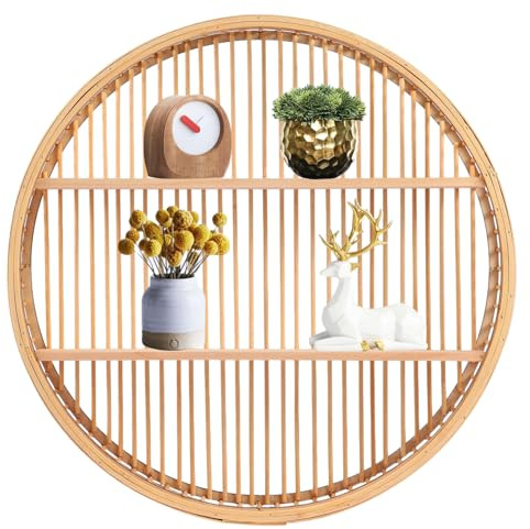 Rund Wandregal Rattan Dieses doppellagige handgeflochtene Regal im Landhausstil eignet sich perfekt für Schlafzimmer und Wohnzimmer und bietet Platz für Pflanzen, Bücher un Natural Wood Color 50*50cm