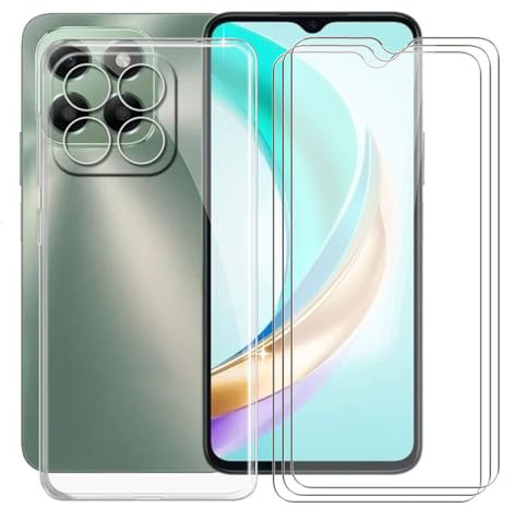 KJYFOANI Hülle für Honor X6b Plus (6.56),3 Stück Gehärtetem Glas Schutzfolie, Transparent Weiche Silikon TPU Schutzhülle Kratzfest Handyhülle für - Glasklar