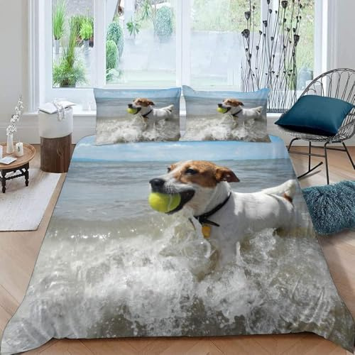 Jack Russell Terrier Bettwäsche 135x200 Strand Bettwäsche-Sets für Mädchen Jungen Kinder Weiche Mikrofaser 3D Drucken Bettbezug mit Reißveschluss und 2 Kissenbezüge A-3012