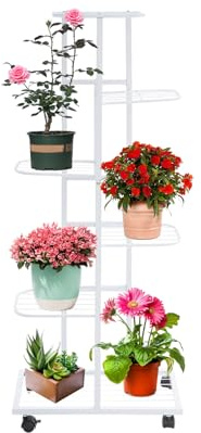Shinpeed Estantería para plantas con ruedas, soporte para plantas de metal, 6 niveles, 112 cm de alto, escalera para plantas, soporte para flores, para terraza, jardín, balcón, decoración (blanco)