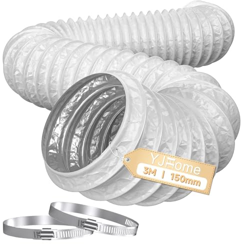 YJHome 150mm Ducting 3m Long, 6 Inch Flexible Vent Hose with 2 Duct Clamps, Heavy-Duty Three Layer Protection PVC Air Ducting for Cooker Hood, Tumble Dryer, Duct Fan, Extractor Fan