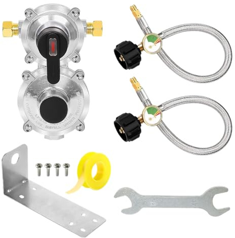Generisch RV Propane Regulator – 2-Stage Gas Adapter with Automatic Changeover, 18 Inch Hose and Gauge | Travel House Grill Trailer Application, Safe Flow Control, Outdoor Accessory, Camper BBQ