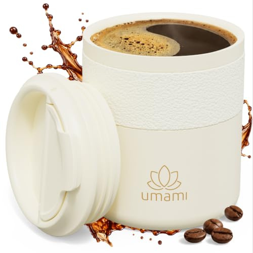 Umami Mug Isotherme Cafe/The, Acier Inoxydable, 100% Étanche Crème | Tasse Isotherme Voyage Inox Double Paroi, 6h Chaud - 12h Froid, Adapté Porte-Gobelets Voiture, Revêtement Antidérapant 280 ml