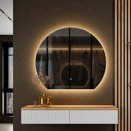 Planetmöbel Flur Garderobe Set Konsolentisch 100 cm, Spiegel | Beleuchtung halbrund Bogenspiegel, Wand-Konsole 100 x 16 x 35 cm (gold eiche / weiß), Aube Wandspiegel 100 x 90 cm