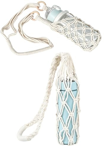 SUPERFINDINGS 2Pcs 2 Styles Macrame Water Bottle Carrier Crochet Water Bottle Holder Macrame Wine Bottles Hanger Crossbody Handmade Boho Drink Bottles Sling with Strap for Hiking Walking Everyday Use