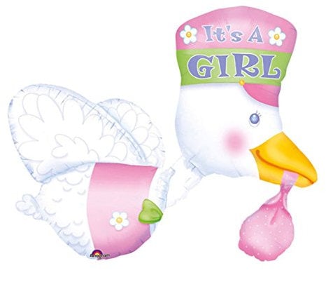 Amscan 07026 01 - Multi-Ballon Folienballon It's a Girl Storch, Luftballon, Heliumballon, Geburt, Nachwuchs