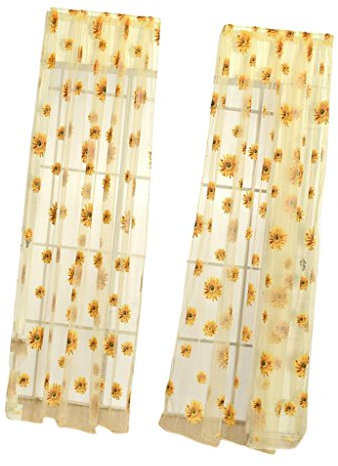 non-brand Sonnenblumen Transparent Tüll Vorhang Gardinenschal Fensterschal Dekoschal für Schlafzimmer - Gelb, 100 x 200 cm