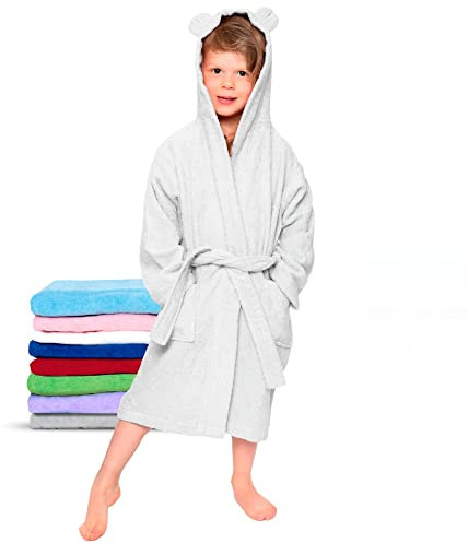 Twinzen - Peignoir Enfant Coton pour Fille et Garçon - 100% Coton Oeko-TEX® sans Produits Chimiques- 2 Poches, Ceinture, Capuche avec Oreilles,5-6 ans,Blanc
