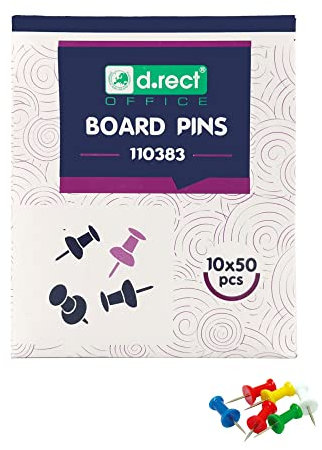 D.RECT - 10 Verpackungen - Pinnwandnadel Reißzwecken | für Korktafeln | Zylindrische Kopf | Bunte Spitzen | 50 Stück Dispenser