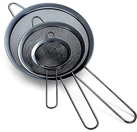 Ensemble de 3 pièces de passoire à mailles fines noires, tamis à farine noire pour la cuisson, clander en acier inoxydable, passoire à thé noir matcha, séparateur de sauce, tamis à pâtes passoires