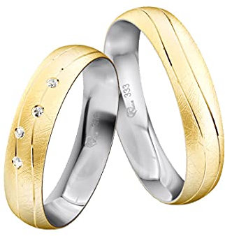 JC Trauringe Gold 333 Bicolor Paarpreis Eismattiert I Partnerringe Gelb- & Weißgold mit Gravur in edler Schatulle I 2 Hochzeitsringe Herrenring ohne & Damenring mit Zirkonia Steinen I ICT28