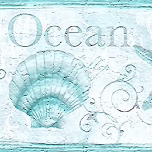 Dundee Deco Wallpaper Border Peel and Stick DDAZBD9410 Nautical Blue Seahorse Shells Starfish Wall Border Retro Design, 15 ft x 7 in (4.57m x 17.78cm), Self Adhesive