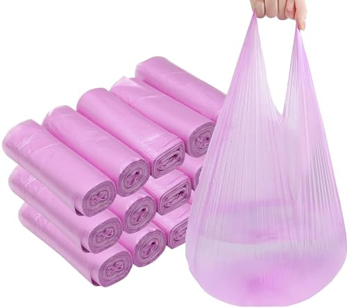 Müllbeutel für Badezimmer, 4 Liter, 5 Rollen/100 Stück, kleine Griffe, Müllbeutel für Büro, Küche, Schlafzimmer, bunt, tragbar, starke Müllbeutel (Pink, 300 Stück)
