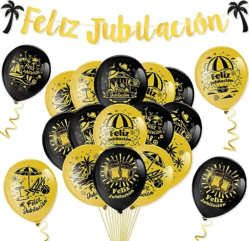 HOWAF Decoración y Pancarta Jubilación - Guirnalda con Bandera Tela y Globos Oro Negro