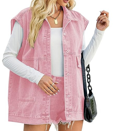seiveini Giubbotto di Jeans da Donna Senza Maniche Oversize con Bottoni Tasche Gilet in Denim Donna con Cappuccio Giacca di Jeans Senza Maniche Elegante Casual A Rosa S