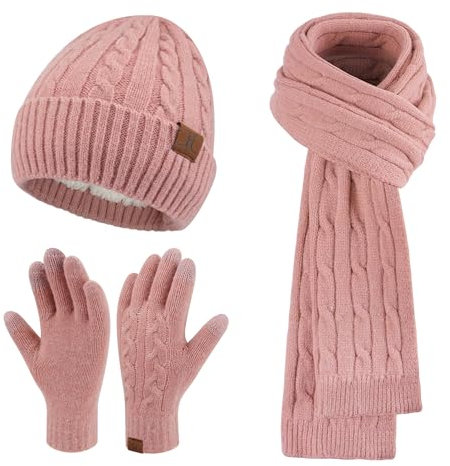 ZASFOU Damen Winter Mütze Schal Touchscreen Handschuhe Set Thermo Strickmütze Beanie Wintermütze Schals Winterschal Winterhandschuhe Geschenk für Frauen