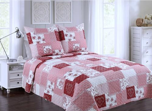 Fanny & Céline Couvre lit boutis 2 Places 220X240cm Dessin imprimé avec 2 Taies 65X65cm_C-1-83 Rouge