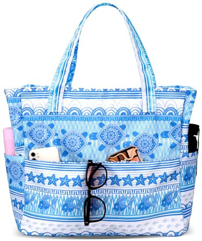 LEDAOU Strandtasche, wasserdicht, sanddicht, für Damen, Pooltasche mit Reißverschluss, für Fitnessstudio, Lebensmittel, Reisen, mit Nassfach, Blauer Schildkröten-Stern, Large